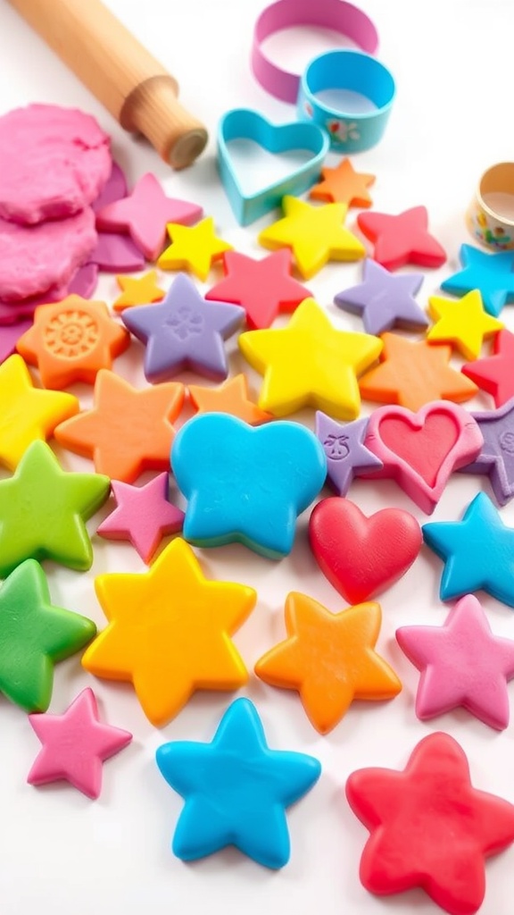 Easy Cornstarch Dough Recipe for Crafts Colorful cornstarch dough shapes arranged on a white surface with crafting tools in the background.